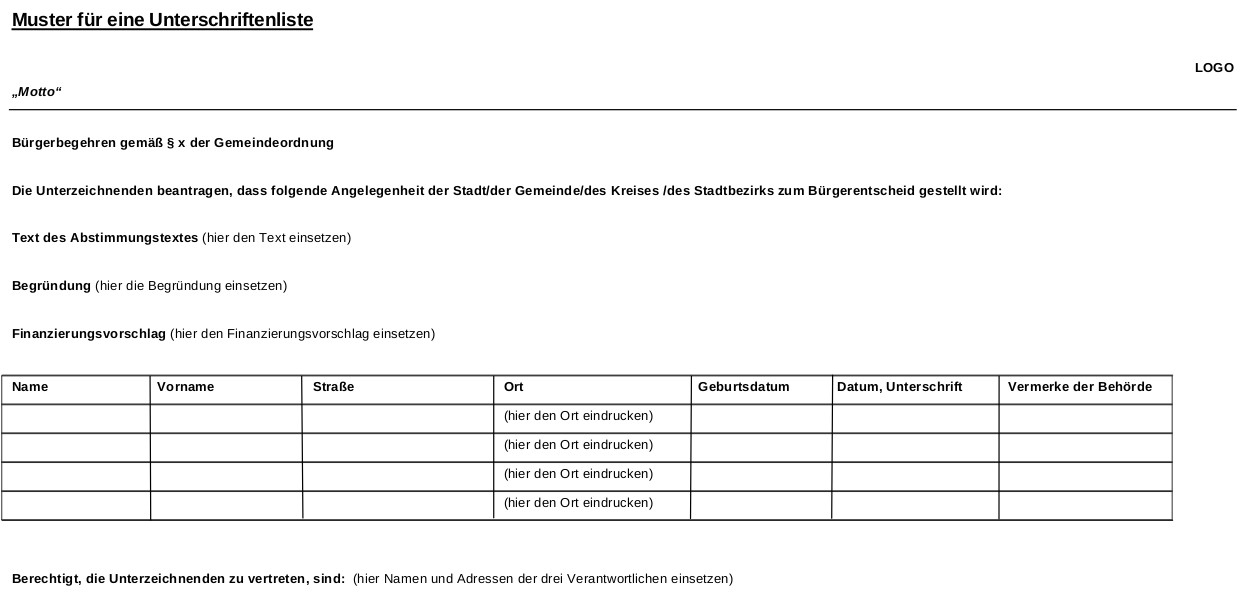 Muster Unterschriftenliste, Quelle: www.wegweiser-buergergesellschaft.de